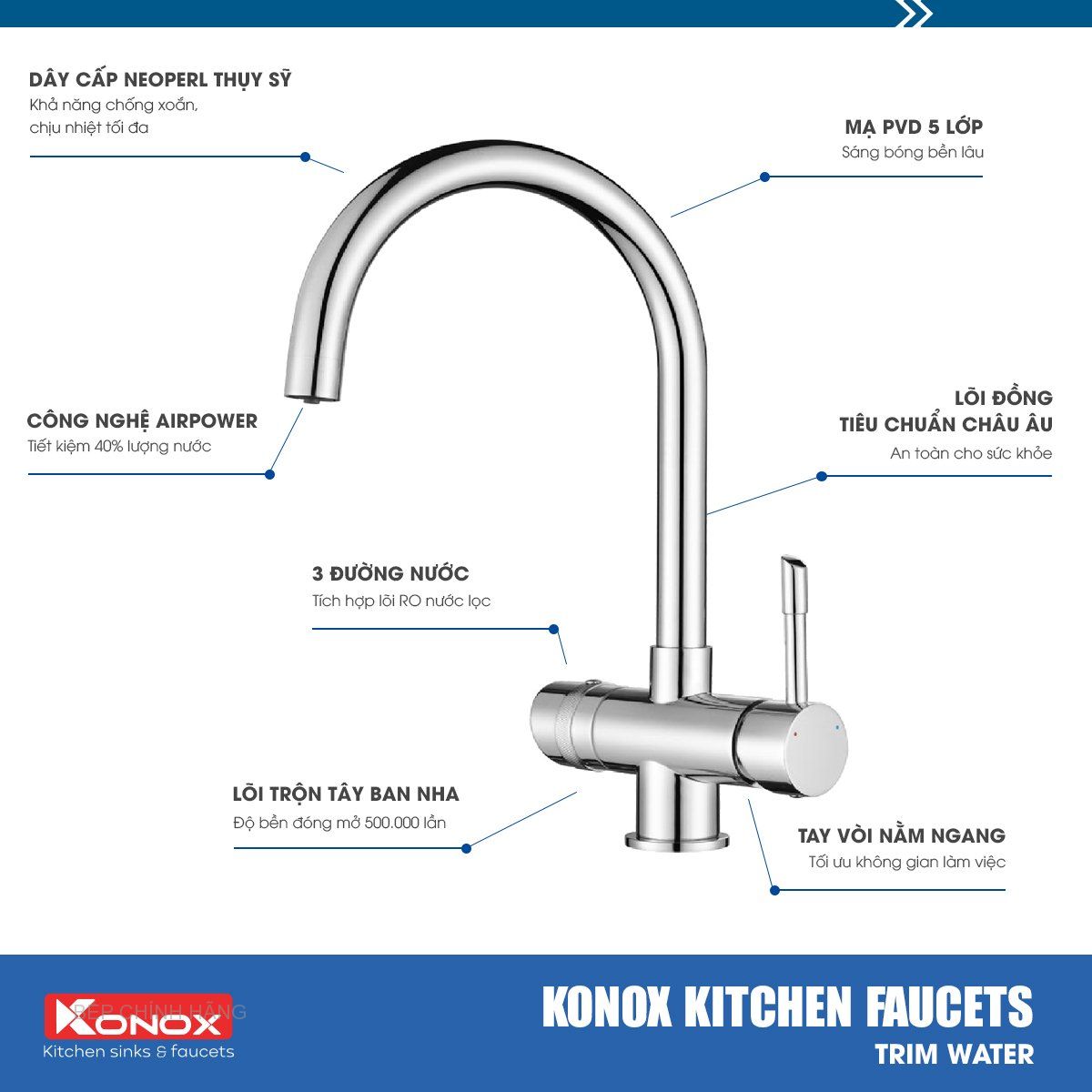 Vòi rửa Konox ba đường nước RO Trim-Water