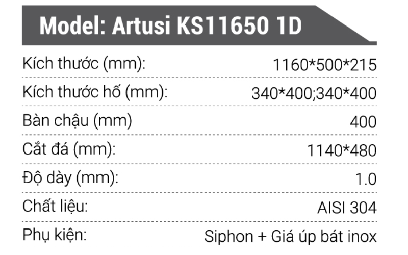 KS11650 1D spec - CHẬU RỬA KONOX PREMIUM KS11650 1D